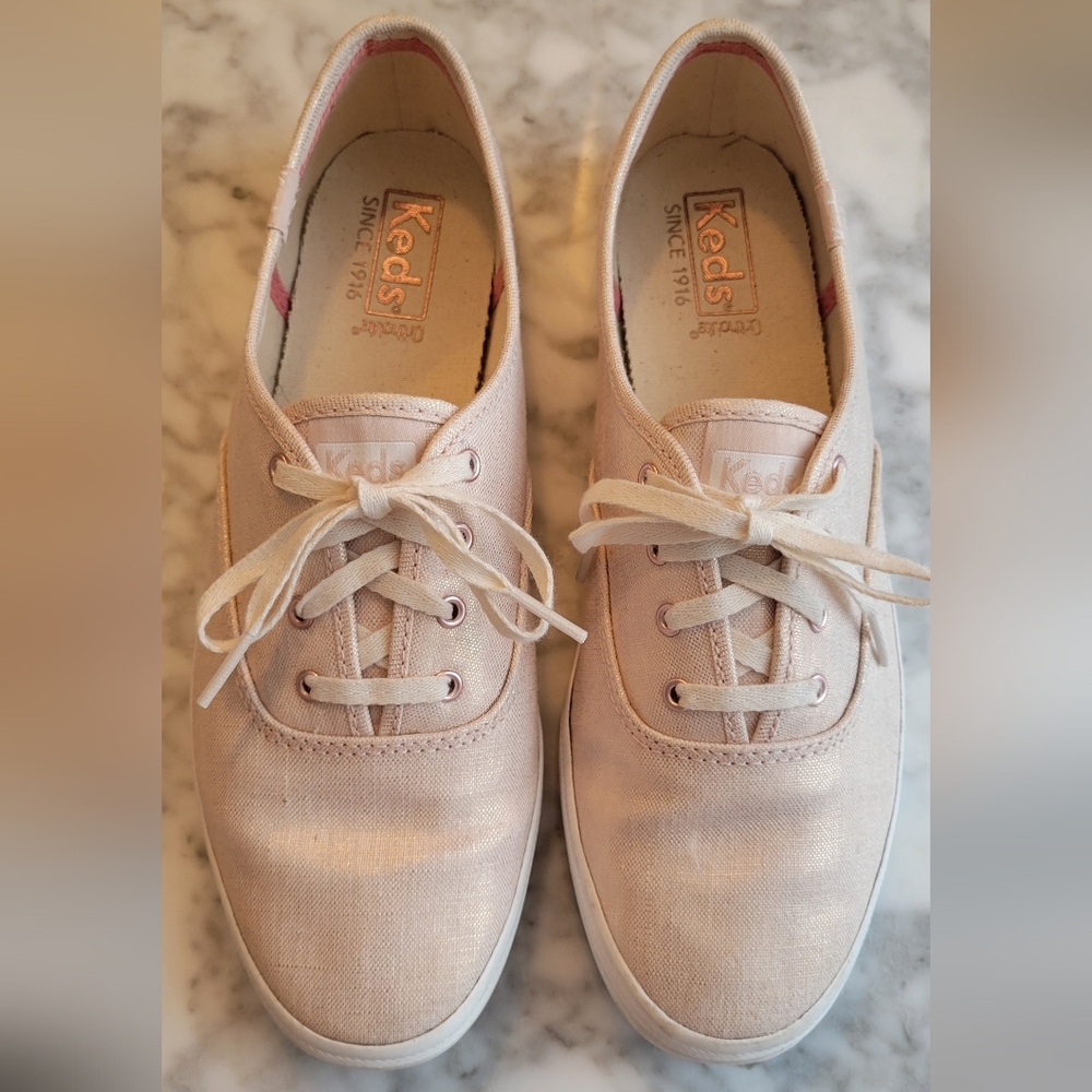 Keds Women's Rose Gold Shimmer and Pink Canvas Ortholite Sneakers.